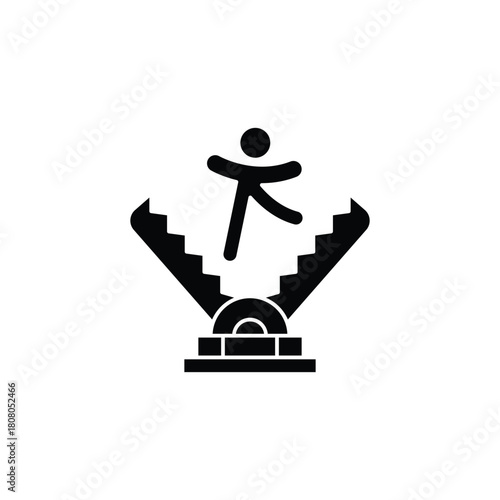 Black silhouette of a person jumping over a gap in a split staircase, symbolizing overcoming obstacles or a trap.