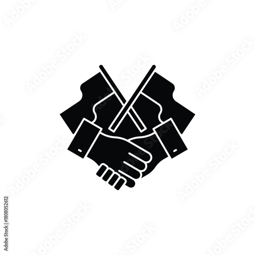 Black silhouette icon of two hands shaking with crossed flags, symbolizing agreement and partnership.
