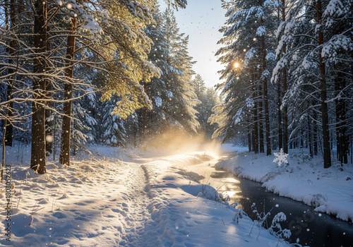 Sunlit winter wonderland scene with snow covered trees and tranquil river landscape