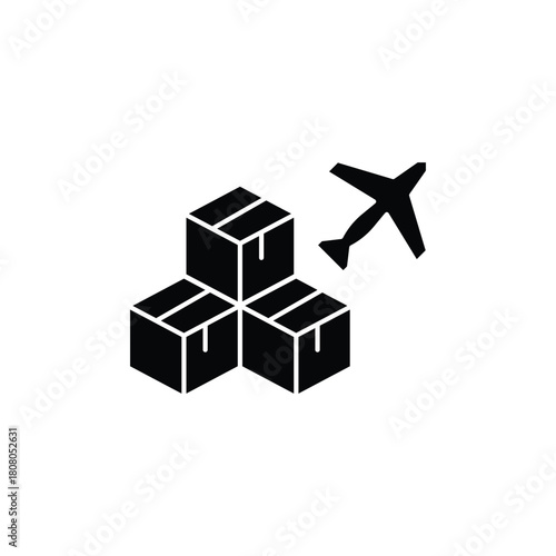 Black and white icon of air cargo delivery, showing stacked boxes and an airplane, representing global logistics and shipping.