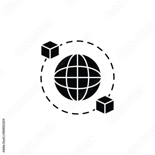 Global network with distributed data blocks, representing blockchain or decentralized technology.
