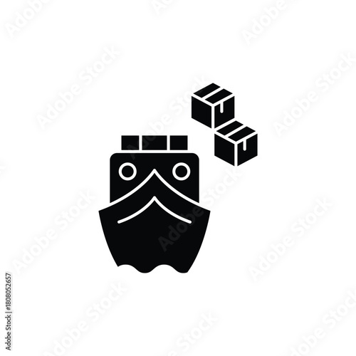 Black silhouette icon depicting a cargo ship and two boxes, symbolizing global shipping and logistics.