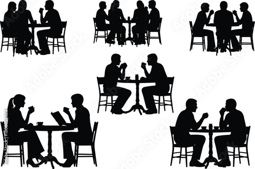 Set of silhouettes of people sitting at restaurant tables, drinking coffee and talking, representing social dining, business meeting, and dating scenes, vector illustration