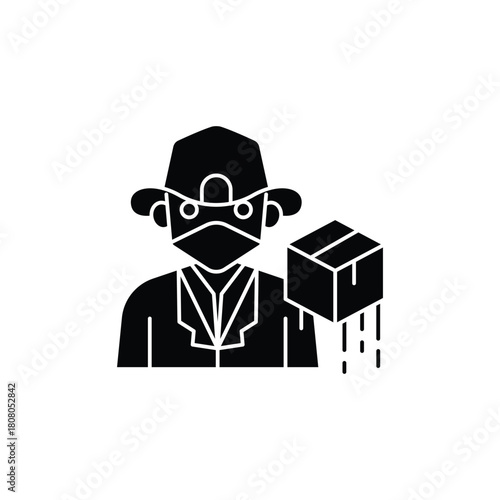 Delivery person wearing a cap and face mask holding a package, representing courier service.