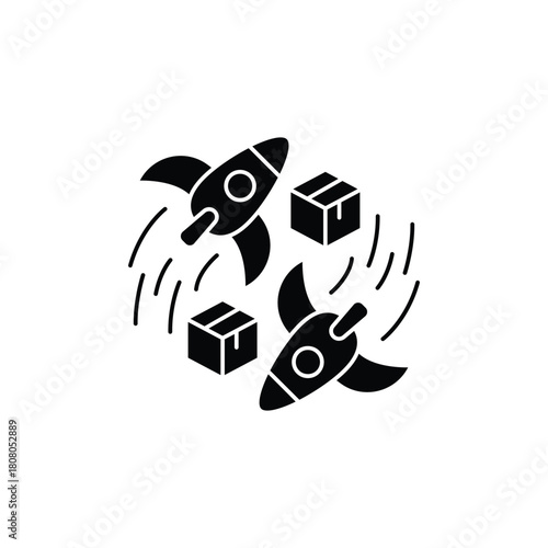 Black glyph icon of two rockets and two boxes representing fast delivery.
