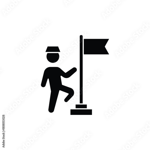 Black silhouette of a person climbing towards a flag, symbolizing achievement, progress, and reaching a goal.