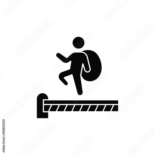 Black silhouette of a person jumping over a gap in a split staircase, symbolizing overcoming obstacles or a trap.