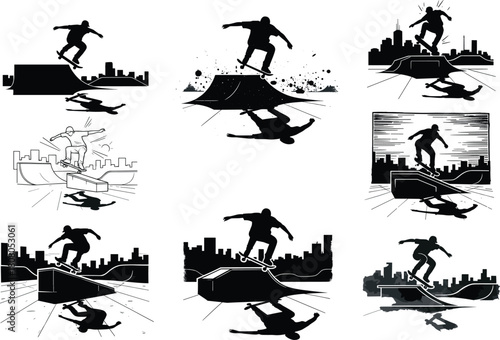 Set of skateboarder silhouettes performing tricks, urban skatepark background, city skyline vector illustration, black and white extreme sport design collection, jumping skater icons.