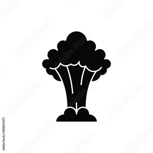 Black silhouette of a mushroom cloud, symbolizing an explosion or a nuclear blast with immense power and destruction.