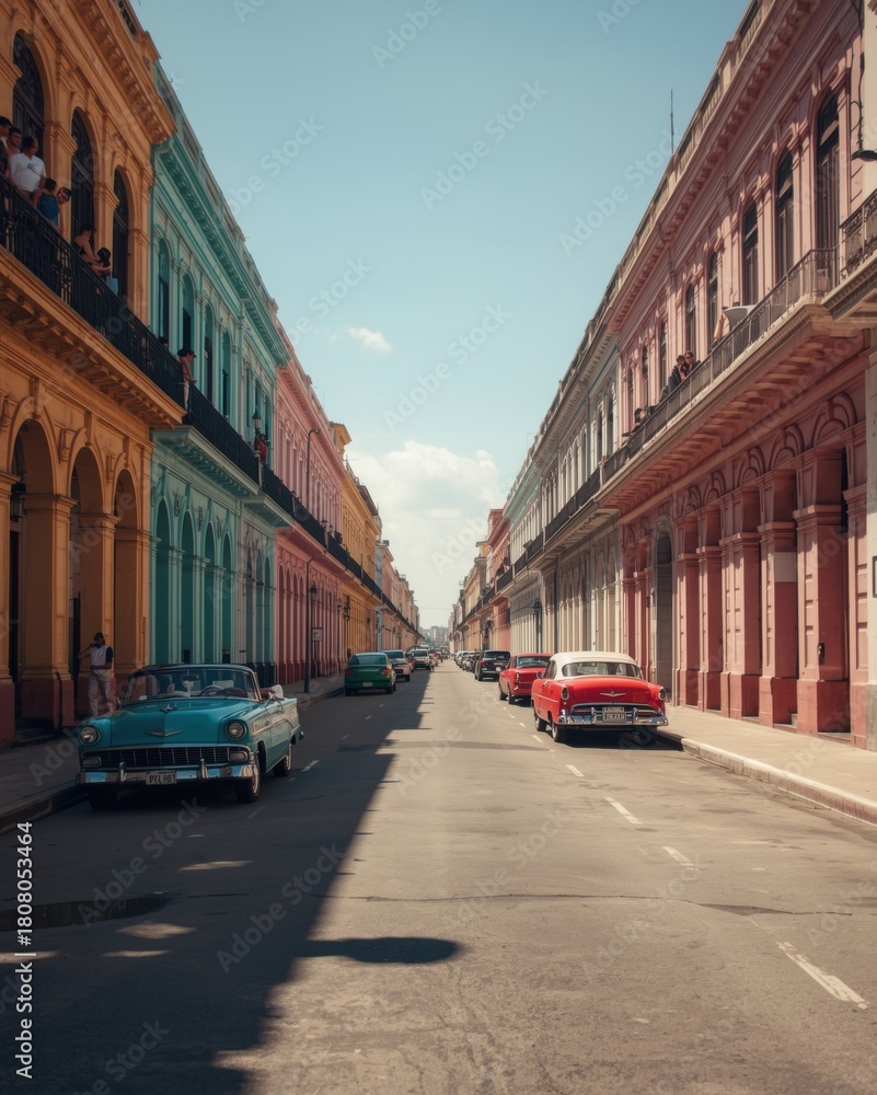 Fototapeta premium A vibrant street scene in Havana Cuba with colorful buildings and classic vintage cars