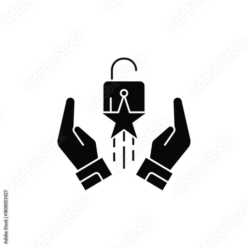 Black icon of hands holding an open padlock with a star launching upwards, symbolizing unlocked potential and success.