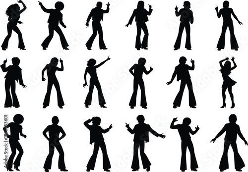 Set of vector silhouettes featuring men and women dancing disco style, wearing retro 1970s clothing with bell bottoms, isolated on white background.