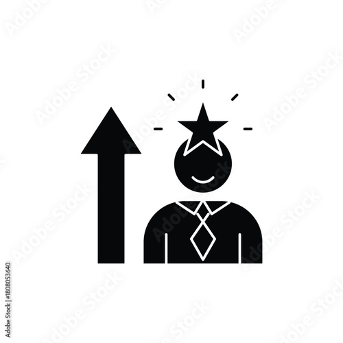 Black and white icon representing personal growth, career advancement, and professional development with a person and an upward arrow.