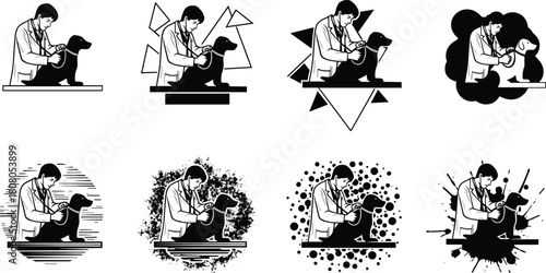 Set of veterinarian examining dog vector illustrations, pet clinic logo collection, animal healthcare silhouettes, medical checkup icons, doctor with stethoscope, black and white designs.