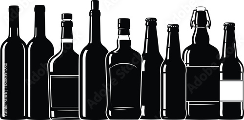 Silhouette collection of alcohol glass bottles, vector illustration set, wine beer and whiskey containers, bar menu drink design, beverage packaging icons.