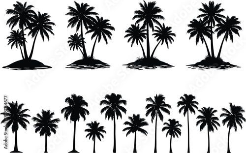 Silhouette collection of palm trees on tropical islands, vector illustration set, black summer beach nature design elements, exotic coconut tree icon group.