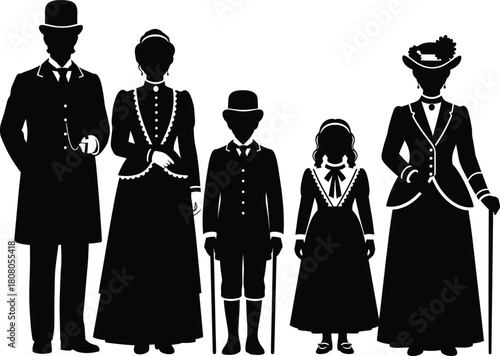Silhouette of a vintage Victorian family featuring parents, children, and grandmother wearing 19th century historical fashion costumes, black and white vector illustration