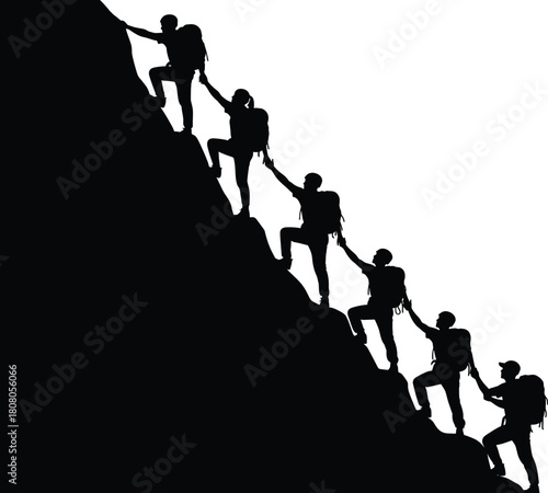 Silhouette of hikers climbing a mountain with backpacks, helping each other reach the top, representing teamwork, leadership, and adventure, vector illustration