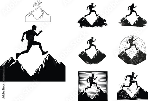 Silhouette of man jumping over mountain gap, vector illustration set, adventure concept, risk taking symbol, success achievement, hiking sport logo, overcoming obstacle design collection.