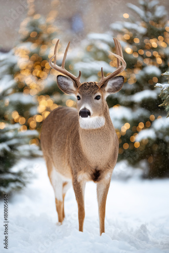 Wallpaper Mural Graceful deer standing in a snowy forest surrounded by decorated Christmas trees with glowing lights Torontodigital.ca