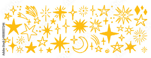 Hand drawn stars with rough ink edges and sketchy texture. Hand drawn.