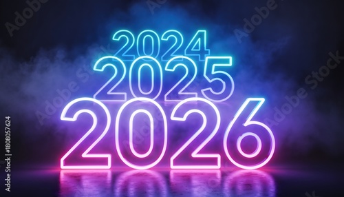 Electric Neon Numbers 2024 2025 2026 Glowing Against Smoky Purple Blue Background for Future Planning Concepts