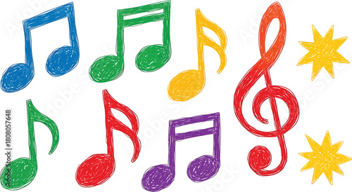 Colorful musical notes and treble clef drawn with crayons isolated on white background