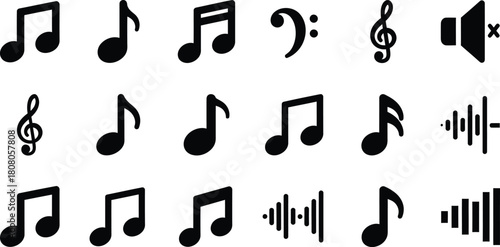 Collection of black music notes and symbols isolated on white background vector elements for music design, melody, sound, and rhythm