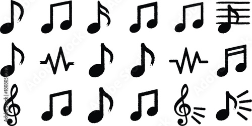 Set of music note icons, black musical symbols on white background, musical concept