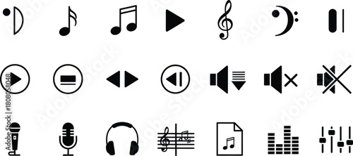 Set of music and audio icons, black musical symbols on white background, musical concept