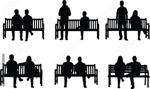 Silhouette vector set of people on park benches, sitting and standing figures, couples relaxing outdoors, urban furniture collection, public waiting area seats.