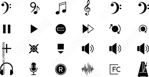 Collection of black music symbols and icons for musical notation isolated on white background
