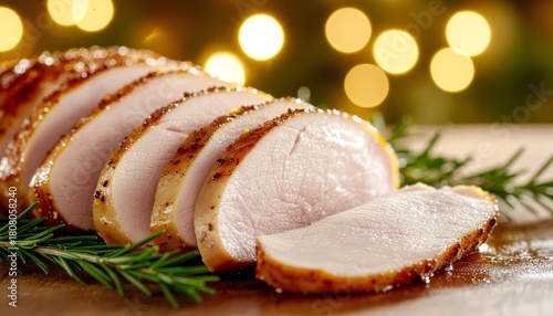 Succulent roasted turkey breast slices garnished with fresh rosemary against warm golden bokeh lighting for holiday feast