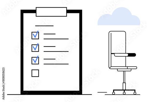 Large clipboard with marked checklist next to office chair and cloud, symbolizing work, productivity, planning, and organization. Ideal for business, workflow, time management and focus. Simple flat