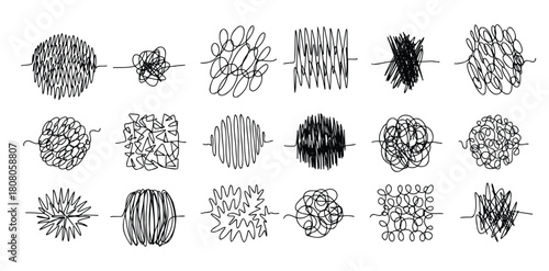 Chaos lines doodle set. Hand drawn tangled clew. Insane scribble lines. confused doodle scribbles.