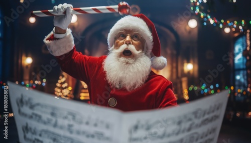Santa Claus dramatically conducting choir with candy cane baton amid twinkling Christmas lights and festive holiday decorations