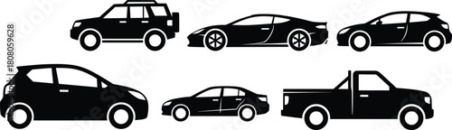 Vector collection of black car silhouettes featuring SUV, sports car, hatchback, sedan, and pickup truck, isolated on white background for automotive design.
