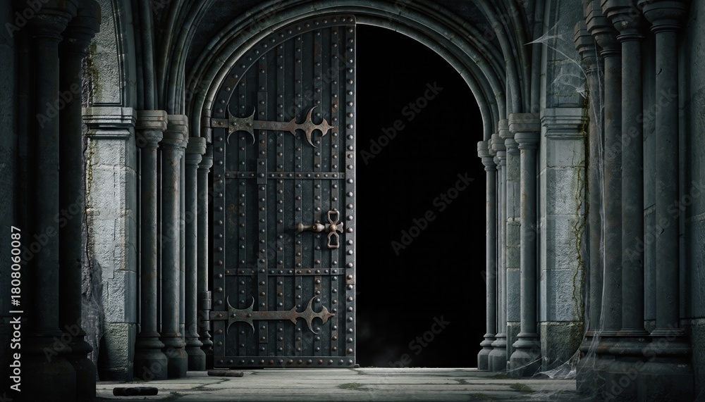 Obraz premium Heavy ornate iron door partially ajar in forgotten monastery corridor with gothic stone archways