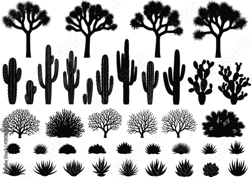 Vector collection of black desert silhouettes featuring Joshua trees, cactus, and agave plants, isolated on white background for western landscape scenes.