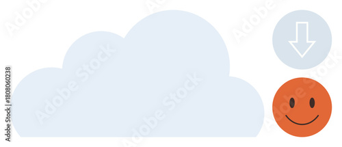 Large blue cloud, downward arrow indicating transfer, orange happy face representing positive interaction. Ideal for cloud computing, data storage, user experience, technology, social media