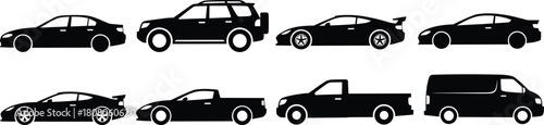 Vector collection of black vehicle silhouettes featuring sedan, sports car, SUV, pickup truck, and delivery van, isolated on white background for transportation design.