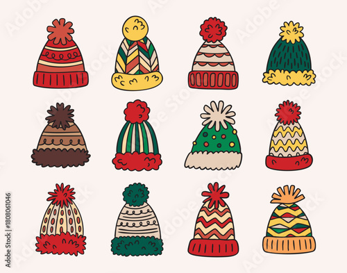 Winter hats with pom poms clipart set, cozy knitted beanies with patterns, festive collection, hand drawn.