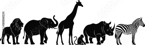 Vector illustration of African safari animals silhouettes standing in a row, featuring lion, elephant, giraffe, monkey, rhino, and zebra, isolated on white background.