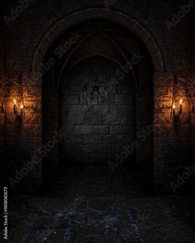 Dark and mysterious castle interior with arched doorway and candlelit sconces, moody ambiance