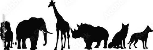 Vector illustration of wild animal silhouettes standing in a row, including lion, elephant, giraffe, rhino, fox, and wolf, isolated on white background.