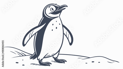 Illustration of a cartoon penguin standing on a sandy surface looking upwards in black and white style