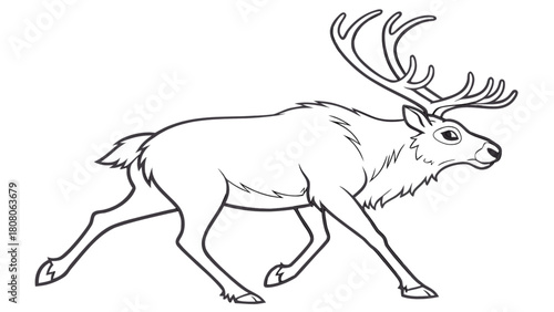 Illustration of a reindeer with large antlers running in a black and white line drawing style image