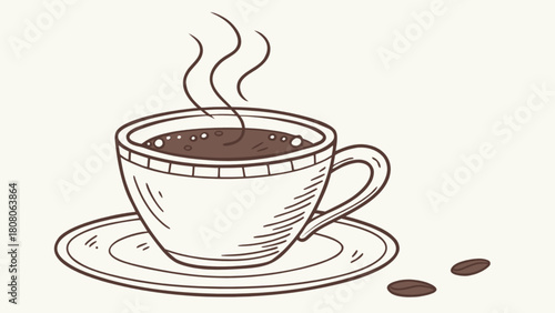 Illustration of a steaming coffee cup on a saucer with coffee beans beside it on a cream background