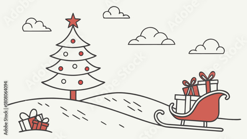 Christmas scene with tree, gifts, and sleigh on snowy hills under a cloudy winter sky design
