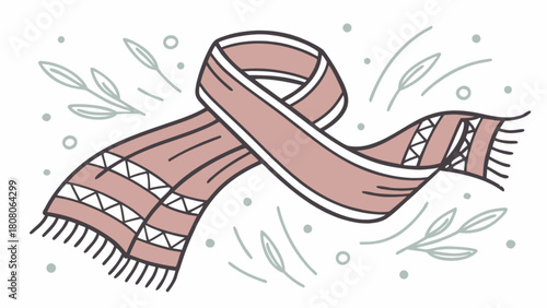Illustration of a pink scarf with white trim and tassels surrounded by winter foliage and snow dots